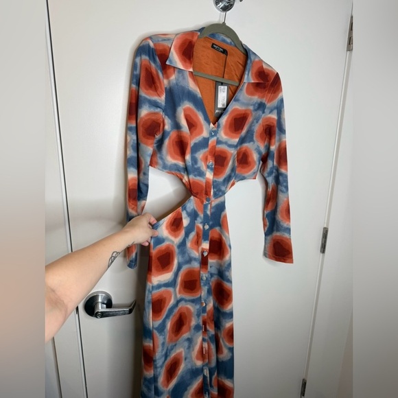 NWT NASTY GAL Abstract Brown Blue Cutout Maxi Dress Sz 8 US (12 UK) Long Sleeve - Picture 5 of 5